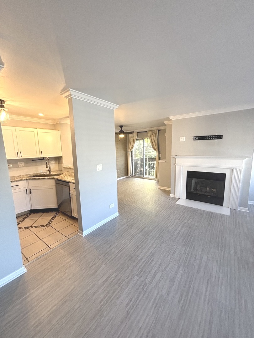 268 Windsor Court, Unit D South Elgin, IL 60177 - Photo 5 of 21 an empty room with wooden floor and fireplace