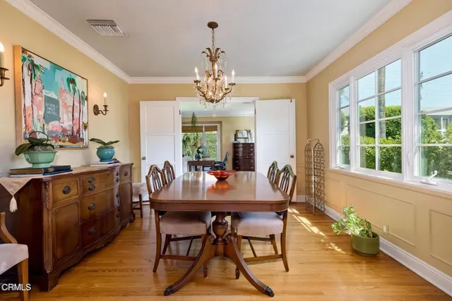 a view of a dining room with furniture window and wooden floor