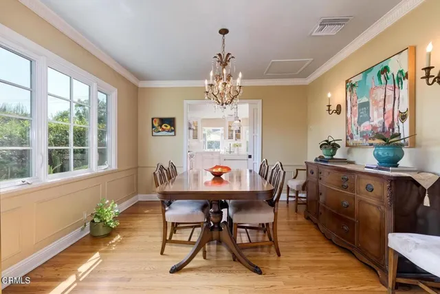 a view of a dining room with furniture window and outside view