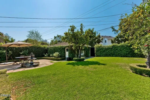 a view of a backyard with plants and a patio