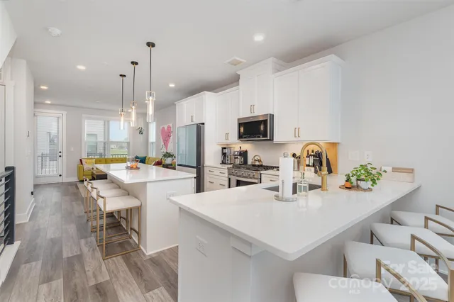 a kitchen with a granite countertop sink a potted plant and a window