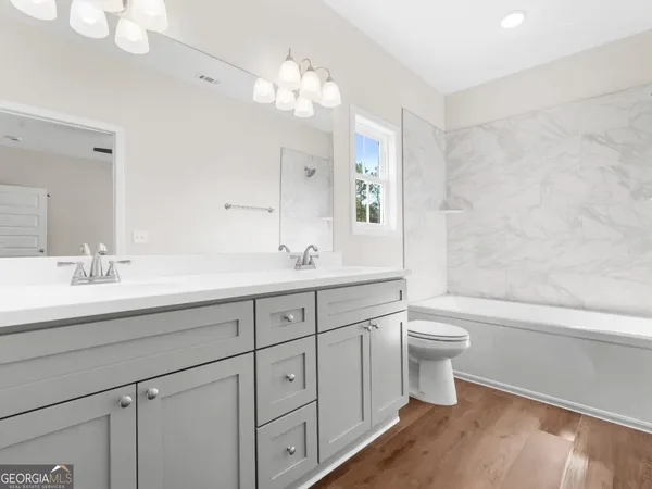 a bathroom with a double vanity sink a toilet and a bathtub
