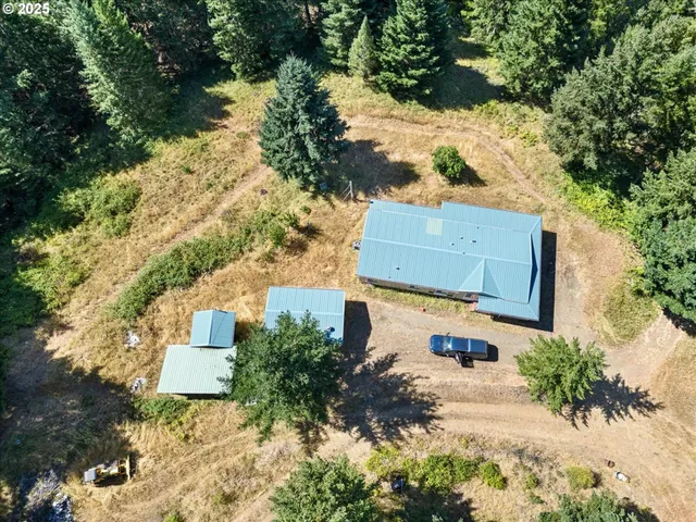 an aerial view of a house with yard and lake view