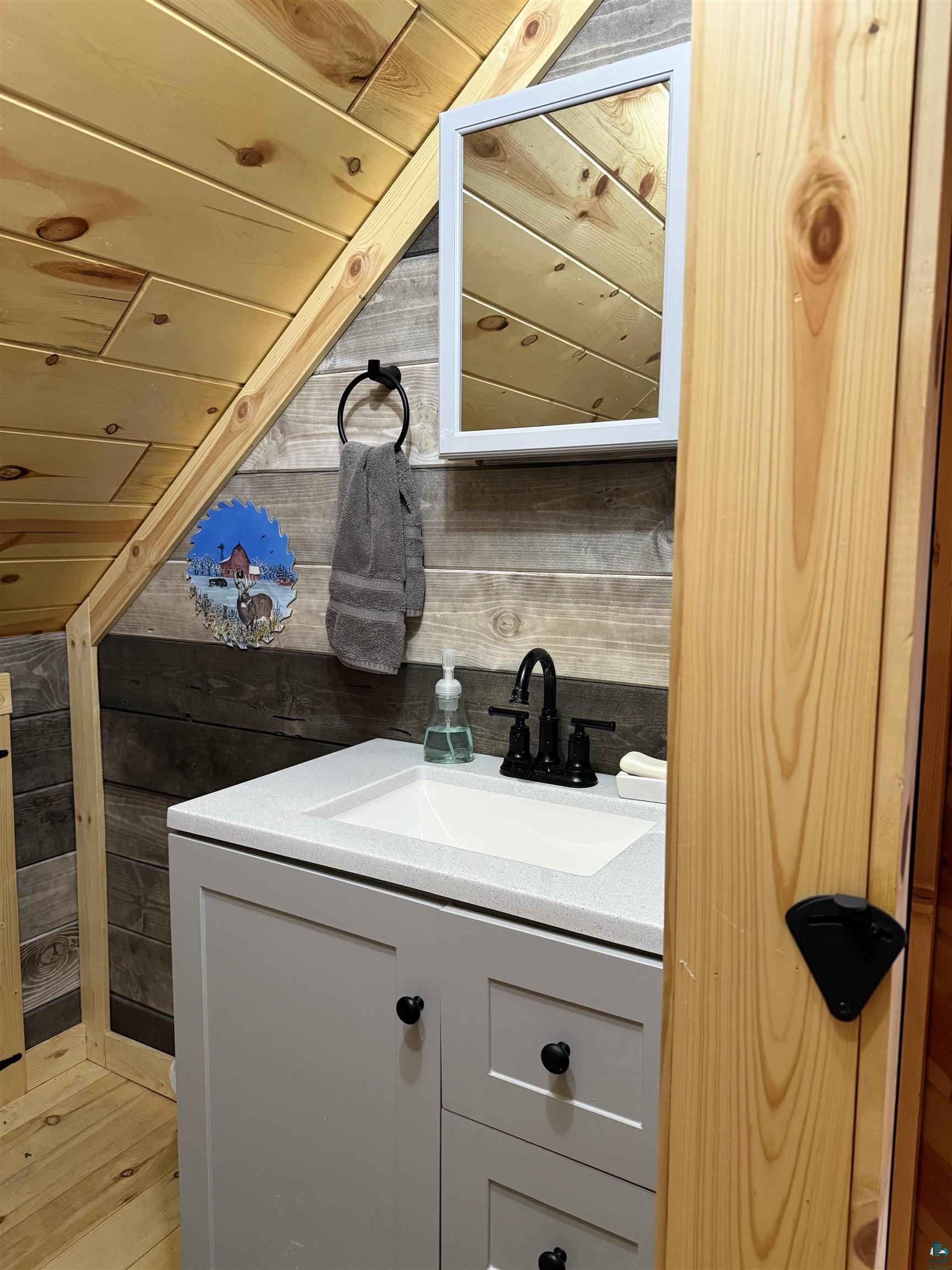 37590 Degerstrom Road Askov, MN 55704 - Photo 29 of 53 Vanity featuring a white integrated sink, light gray cabinetry, and matte black hardware
