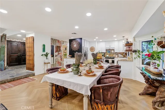 a view of a dining room with furniture