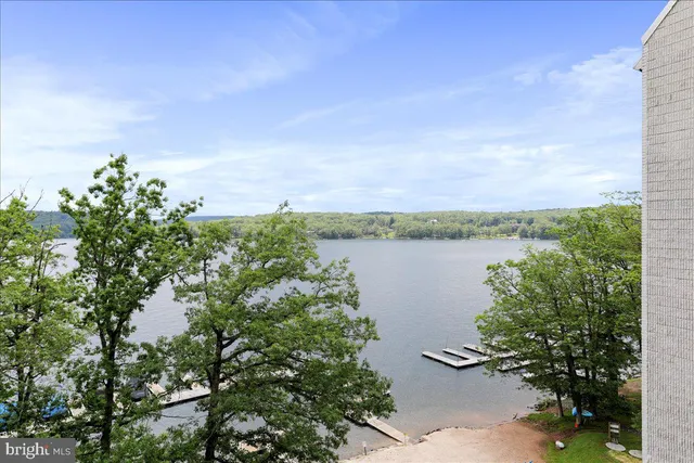 a view of a lake with houses in the back