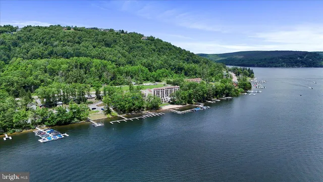 an aerial view of a house with a garden and trees
