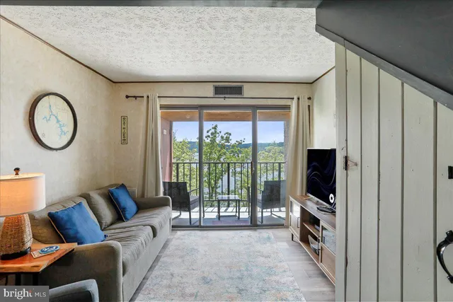 a living room with furniture a fireplace and a large window