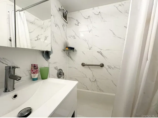 a bathroom with a sink and a shower