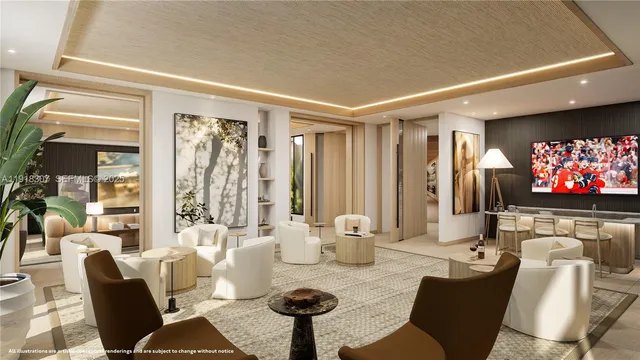 a living room with furniture a flat screen tv and a floor to ceiling window