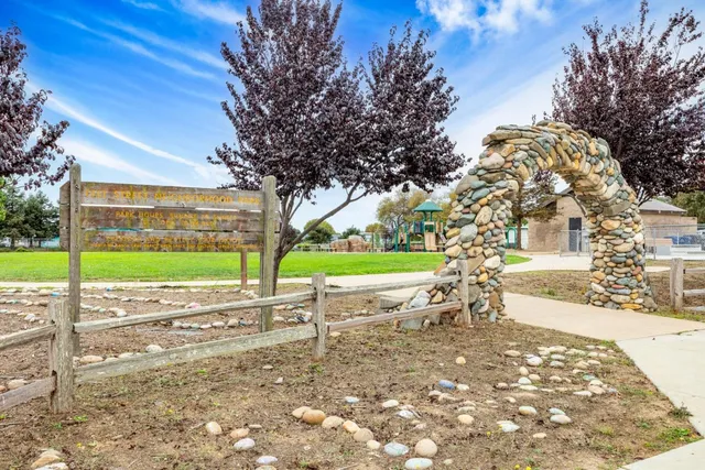 a view of a park with bench and trees