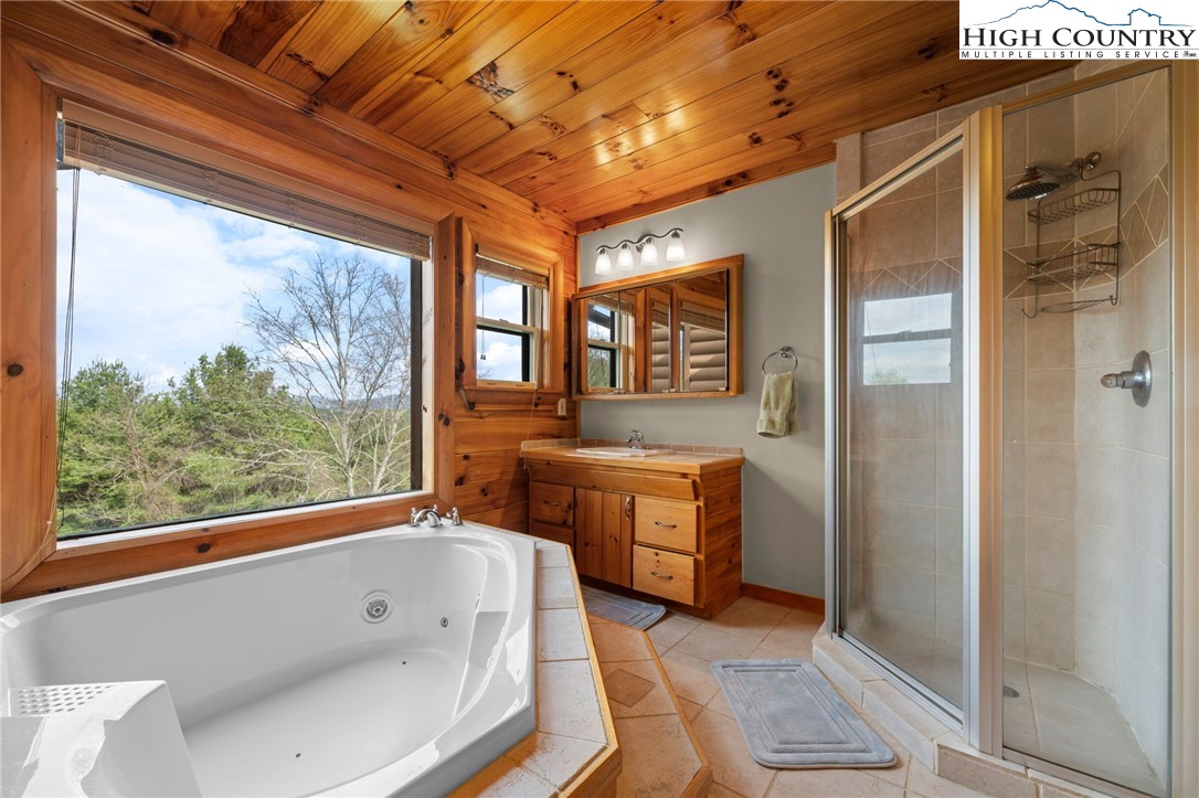 460 Deer Crossing Road Piney Creek, NC 28663 - Photo 8 of 29 a bathroom with a tub a sink and a large mirror