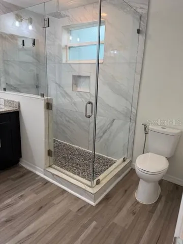 a bathroom with a shower and a toilet