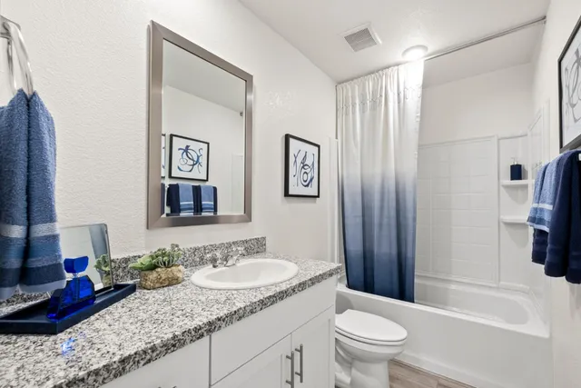 a bathroom with a granite countertop sink toilet and shower