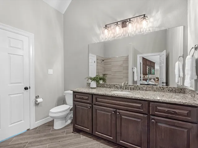 a bathroom with a granite countertop sink a toilet and a mirror