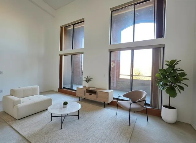 a living room with furniture and potted plant