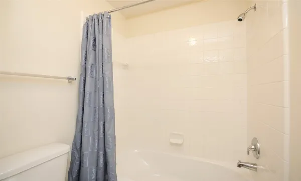 a bathroom with a shower and a toilet