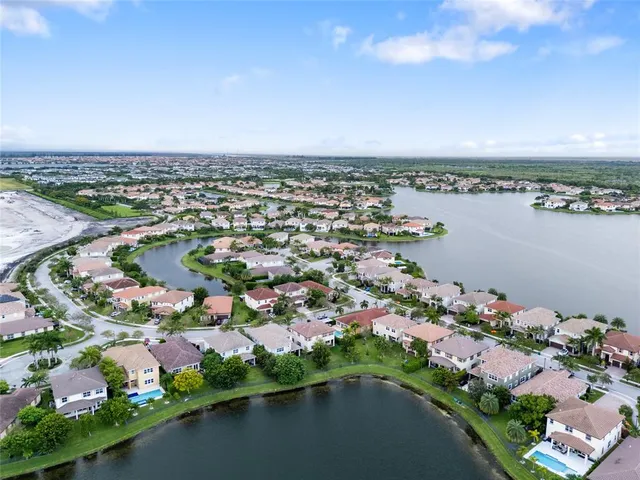 an aerial view of a city with lake view