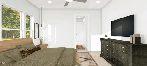 a view of a hallway with wooden floor and a bathroom