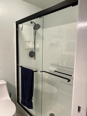 a bathroom with a shower and toilet