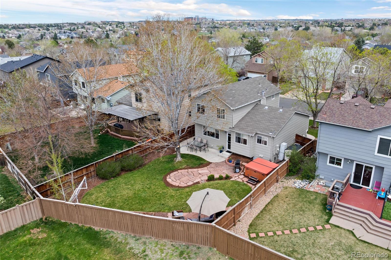 9836 South Castle Ridge Circle Highlands Ranch, CO 80129 - Photo 22 of 28 an aerial view of a house with a garden and lake view