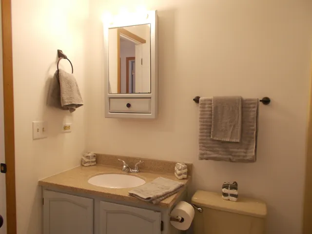 a bathroom with a granite countertop sink and a mirror