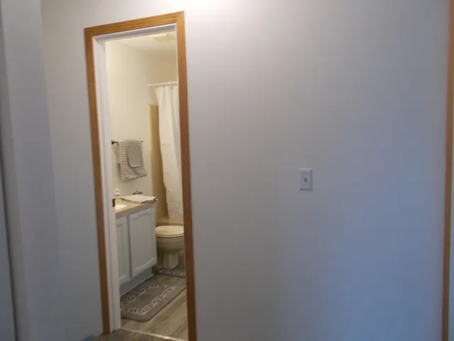 a bathroom with a granite countertop toilet and a sink