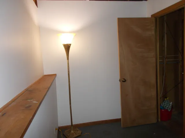 a view of a backyard with large trees and wooden fence