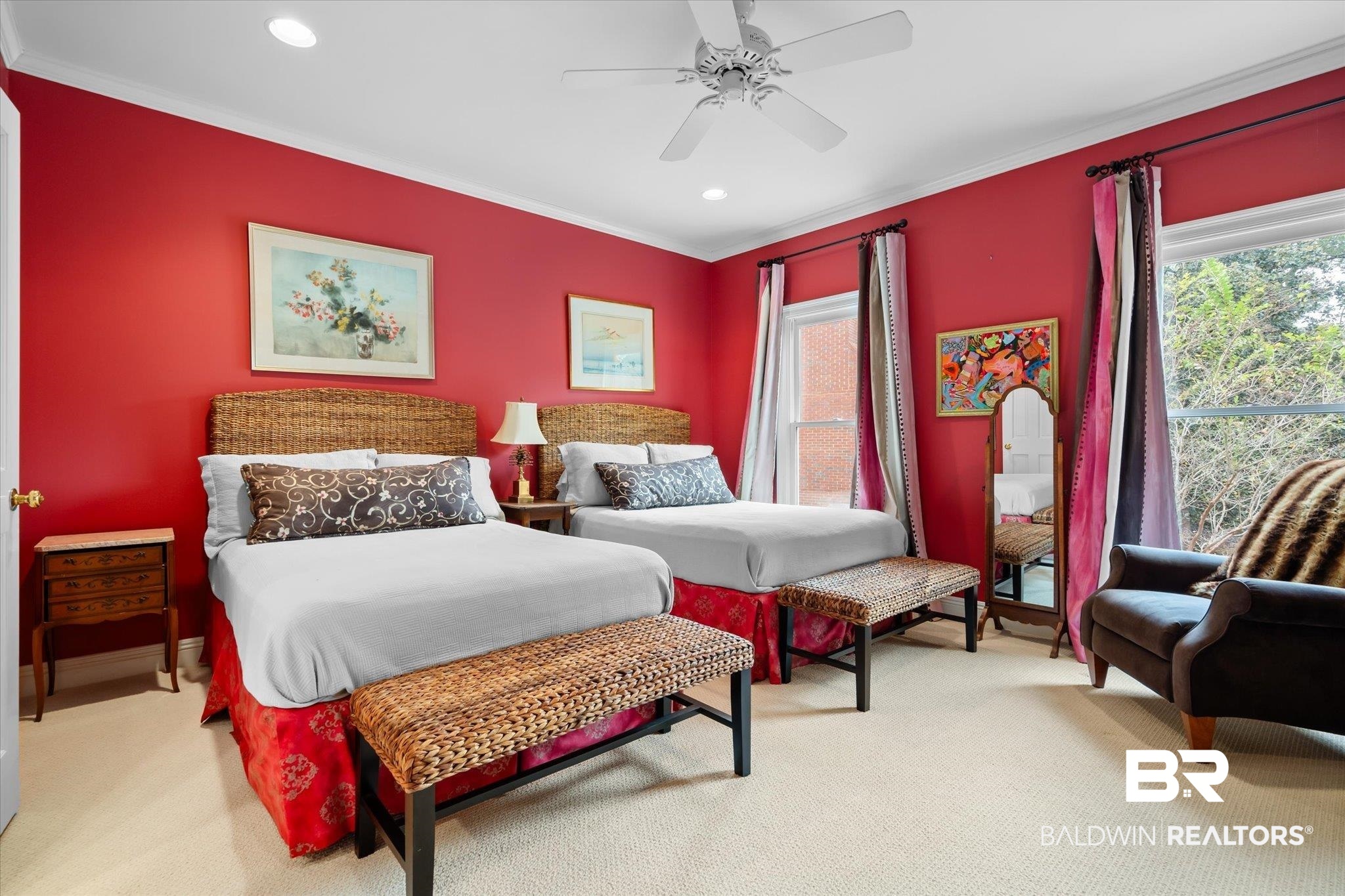 354 Dogwood Lane Mobile, AL 36608 - Photo 22 of 44 Bedroom featuring light carpet, crown molding, and ceiling fan