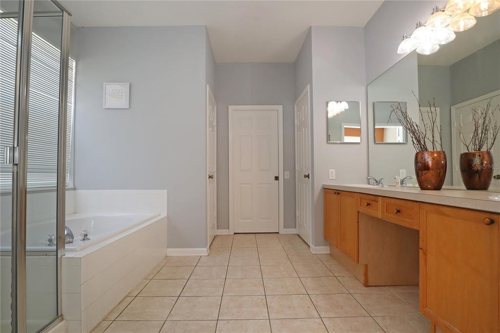 8211 Fan Palm Way Kissimmee, FL 34747 - Photo 22 of 41 a spacious bathroom with a granite countertop sink a mirror and a bathtub
