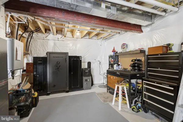 a view of a storage room with furniture