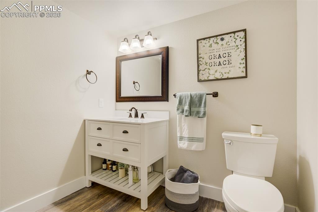 57 Cradle Lake Place Divide, CO 80814 - Photo 34 of 48 a bathroom with a toilet a sink and mirror