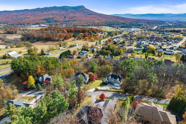 an aerial view of a house with a yard and mountain view