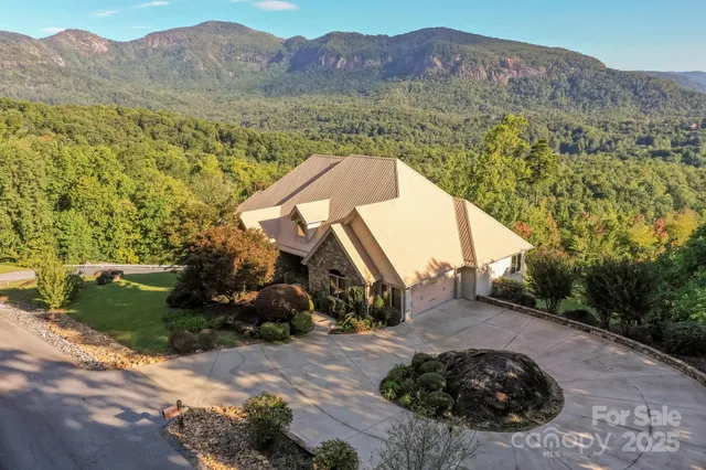 a view of a house with a mountain and a forest