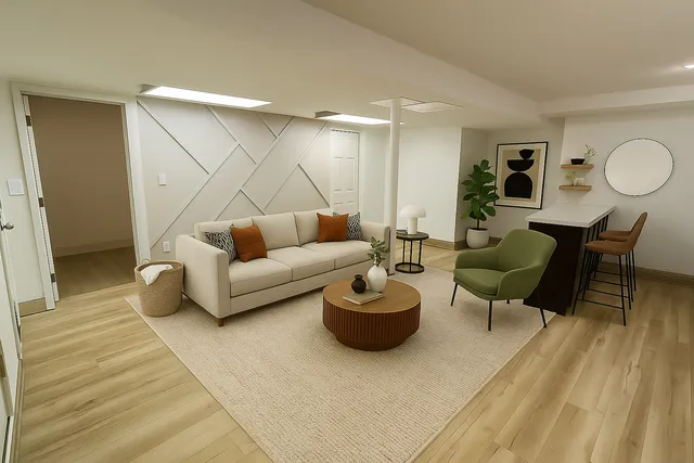 a living room with furniture and a wooden floor