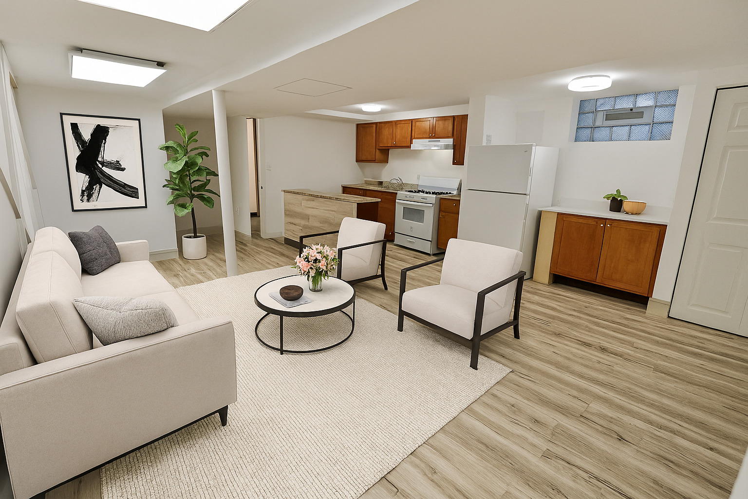 a living room with furniture and a wooden floor