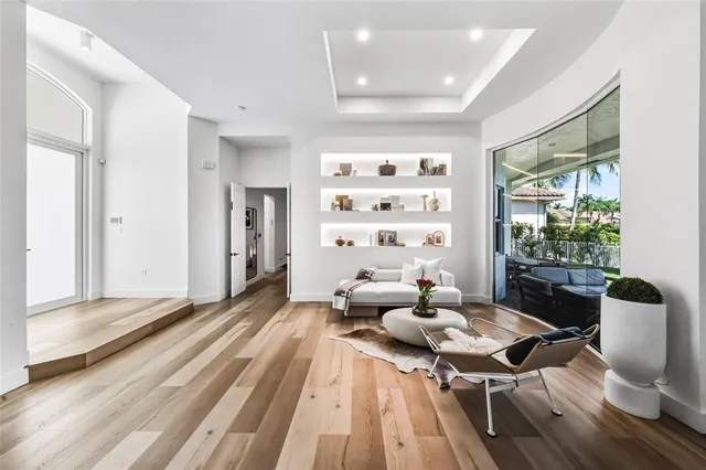 a living room with furniture a rug and a potted plant
