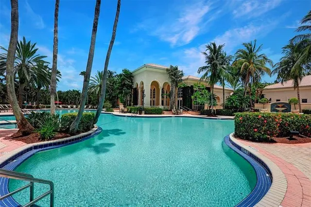 a view of a swimming pool with a garden