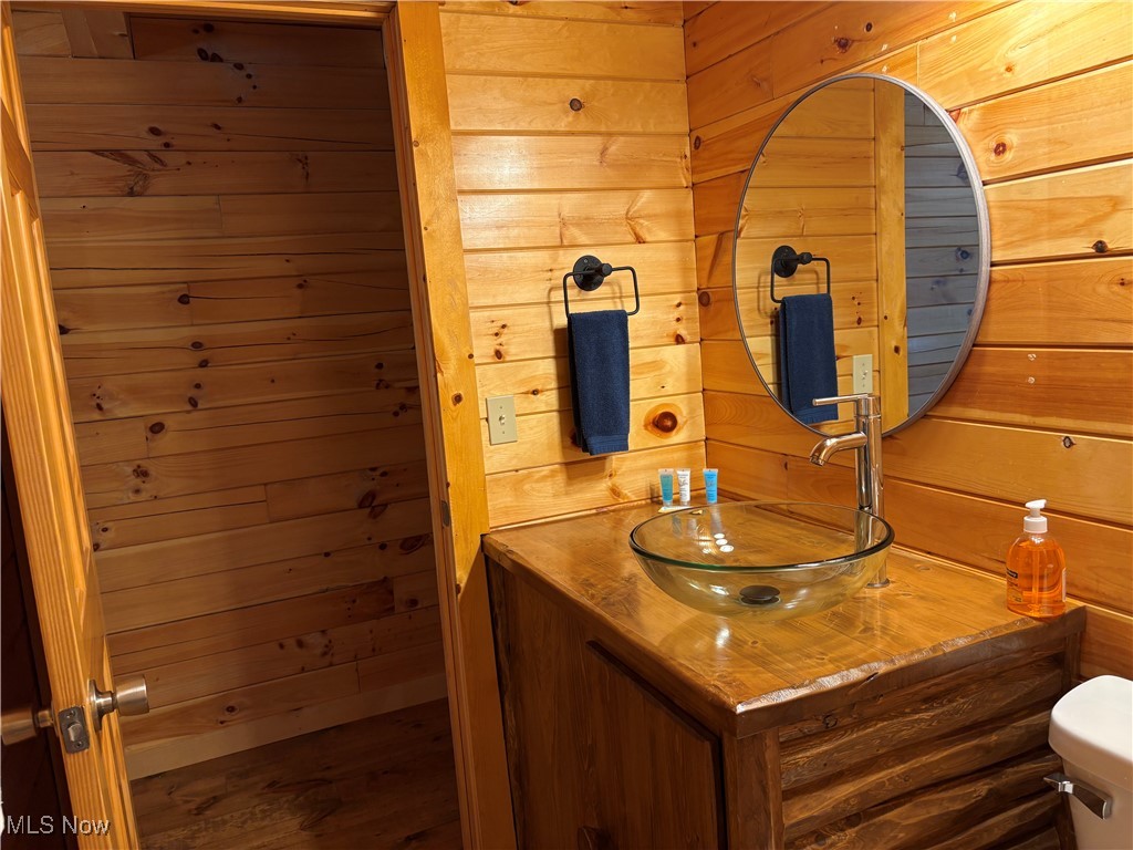 5919 Lake Road West, Unit 15 Ashtabula, OH 44004 - Photo 16 of 26 Bathroom featuring wooden walls, vanity, and dark wood finished floors