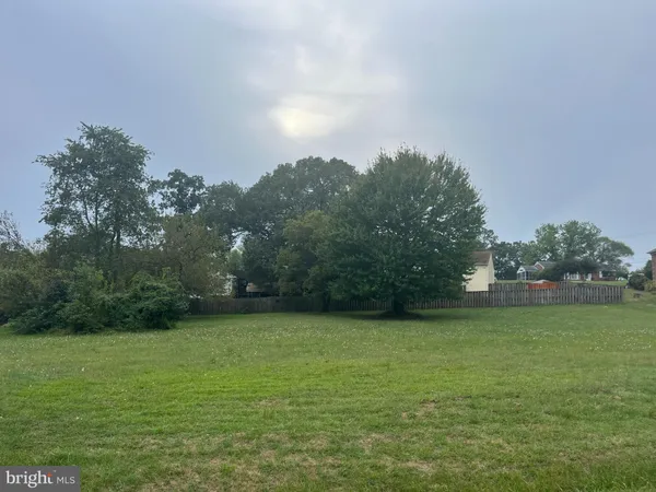 a view of a green field with trees in the background