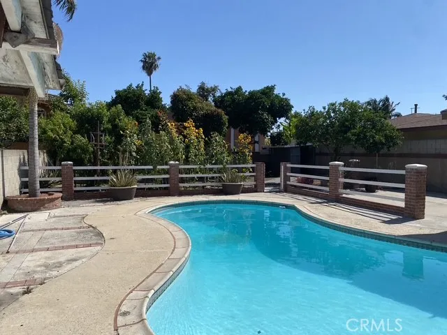a view of a swimming pool with a bench and trees in the background