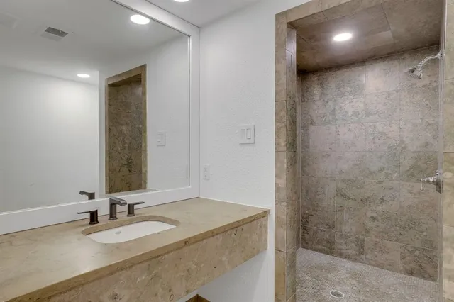a bathroom with a granite countertop sink a mirror and a shower