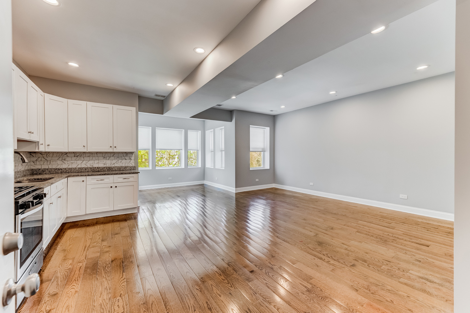 1321 South Millard Avenue, Unit C Chicago, IL 60623 - Photo 2 of 13 a view of an empty room and kitchen with wooden floor