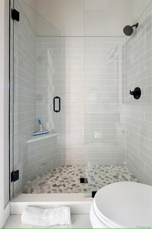 a bathroom with a shower and toilet