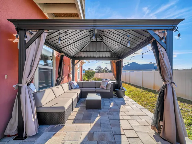 a patio with a couch