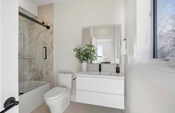 a bathroom with a sink toilet a shower and a mirror