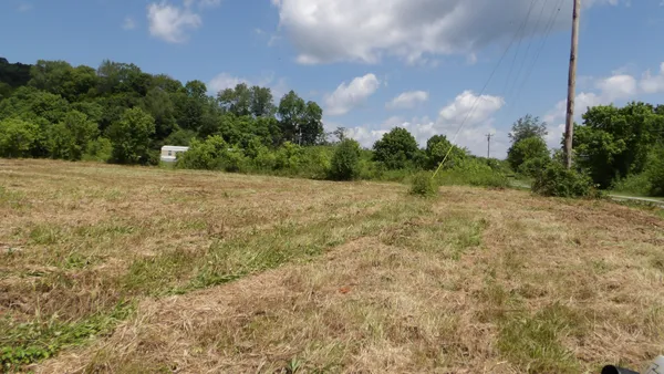 a view of a field with trees in the background