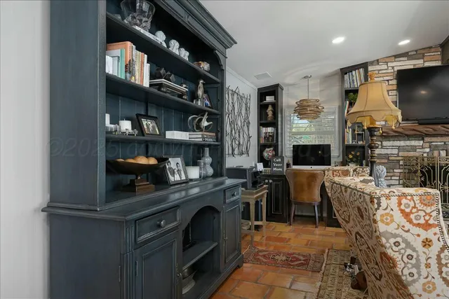 a view of a dining room with furniture window and outside view