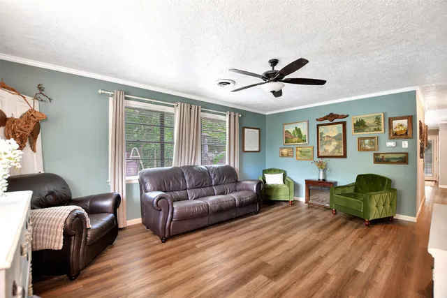 a living room with furniture and a wooden floor