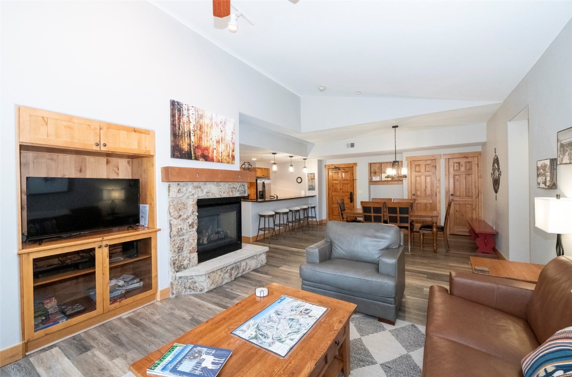 1875 Medicine Springs Road, Unit 4205 Steamboat Springs, CO 80487 - Photo 2 of 43 a living room with furniture a flat screen tv and a fireplace